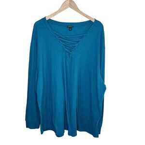 Torrid Blue Lace-Up V-Neck Waffle Knit Long Sleeve Top Size 4X